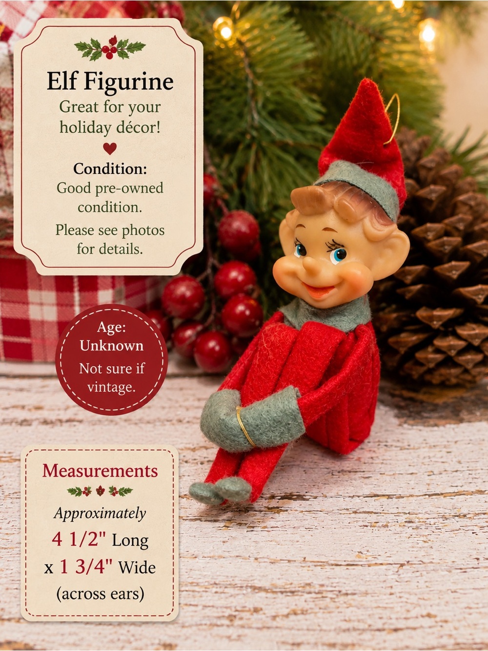 Source Unknown Red and Gray Elf Figurine Holiday Ornament